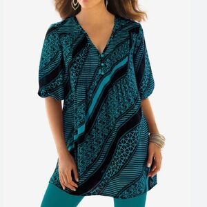 Roamans 22W Geometric Blouse Green Black V Neck Modern Noir Workleisure